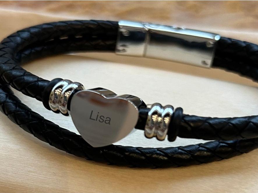 Ascheschmuck Lederarmband Herz mit Steckverschluss, Gravur möglich