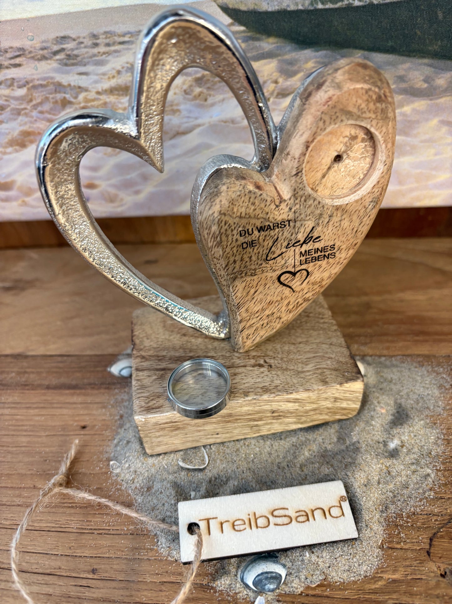 Erinnerungs-Doppelherz Metall-Holz auf Holzbase, Loch vorgebohrt, mit Spruch und Medaillon