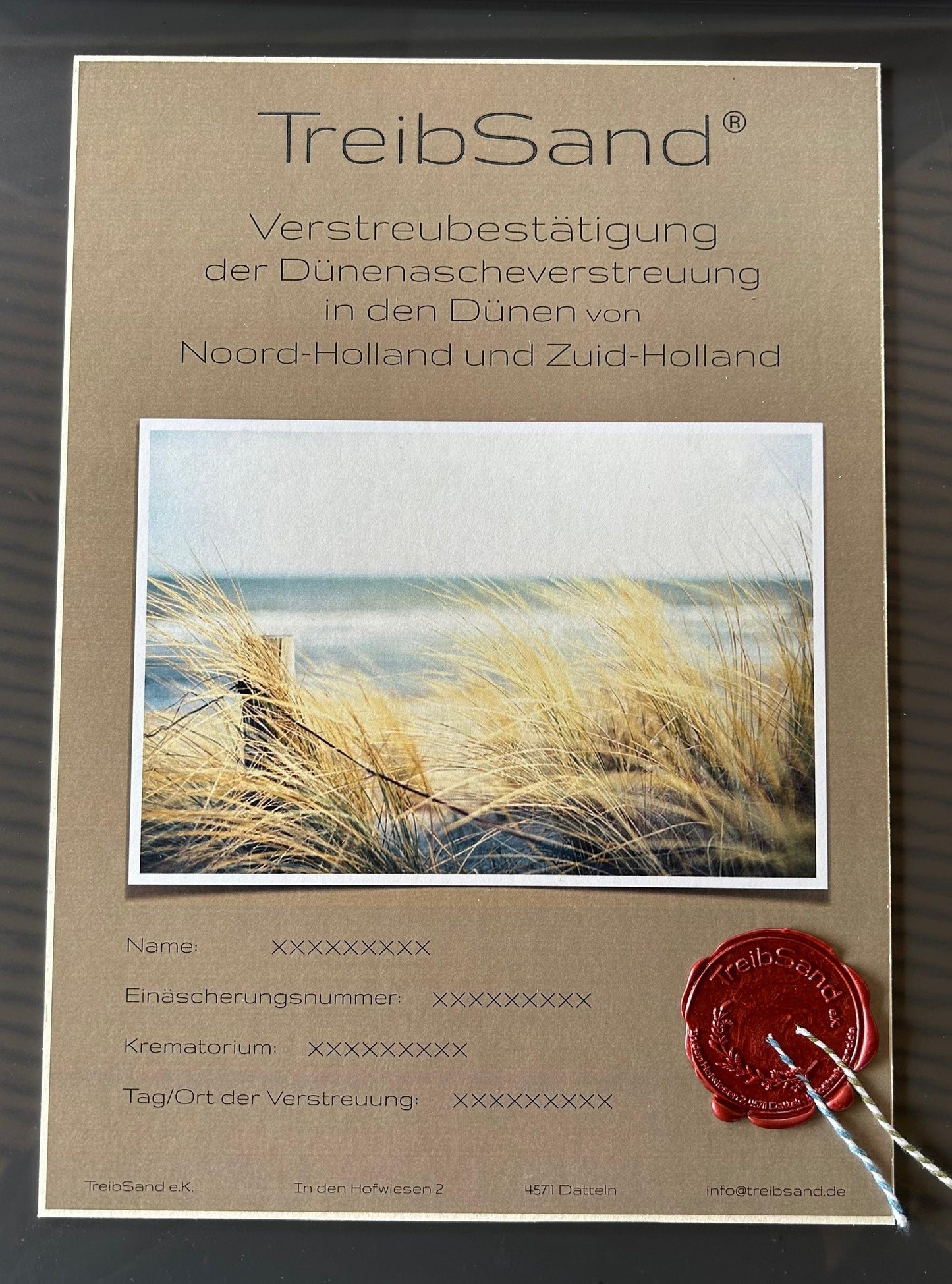Verstreubestätigung TreibSand® Dünenascheverstreuung