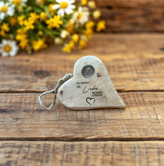 Erinnerungsherz Holz Natur geschliffen mit MemoryMedaillion und Gravur