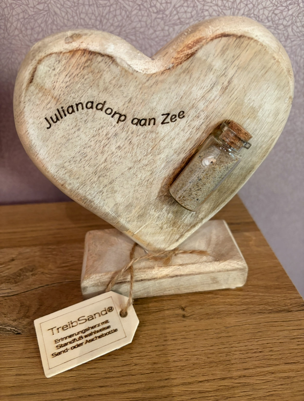 TreibSand Herz Holz gekalkt Glasbottle